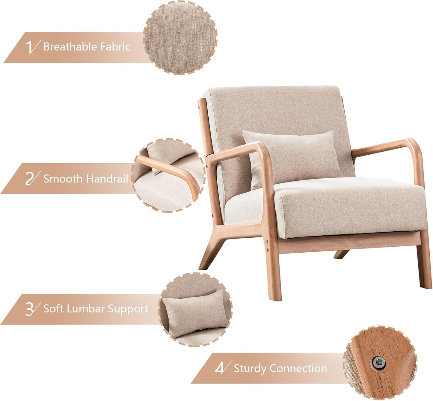 INZOY Mid-Century Modern Accent Chair Set of 2, Upholstered Living Room Chairs with Waist Cushion