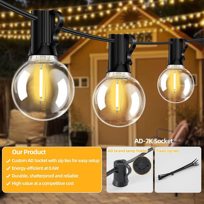 50FT G40 LED String Lights with 25 Shatterproof Bulbs (2 Spares), E12 Sockets, 2700K Warm White