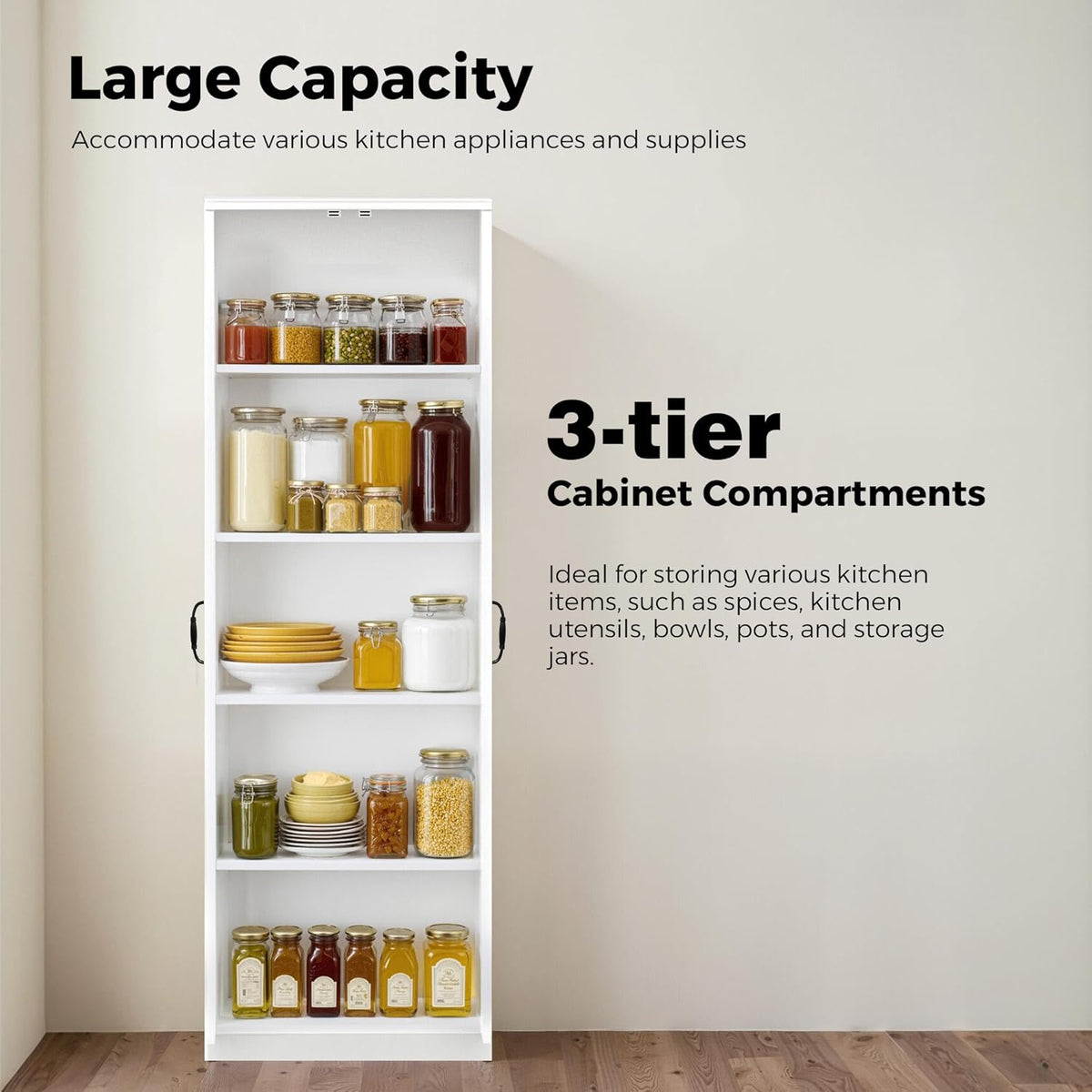Storage Cabinet/Pantry cabinets, Soft White Finish, 71" Tall Wood Cupboard with 2 Door and 3