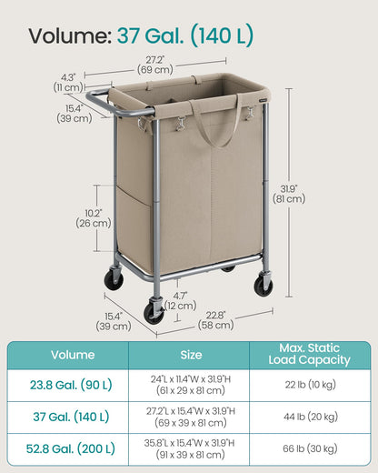 SONGMICS Laundry Basket with Wheels, 2-Section Rolling Laundry Hamper, 37 Gallons (140 L)