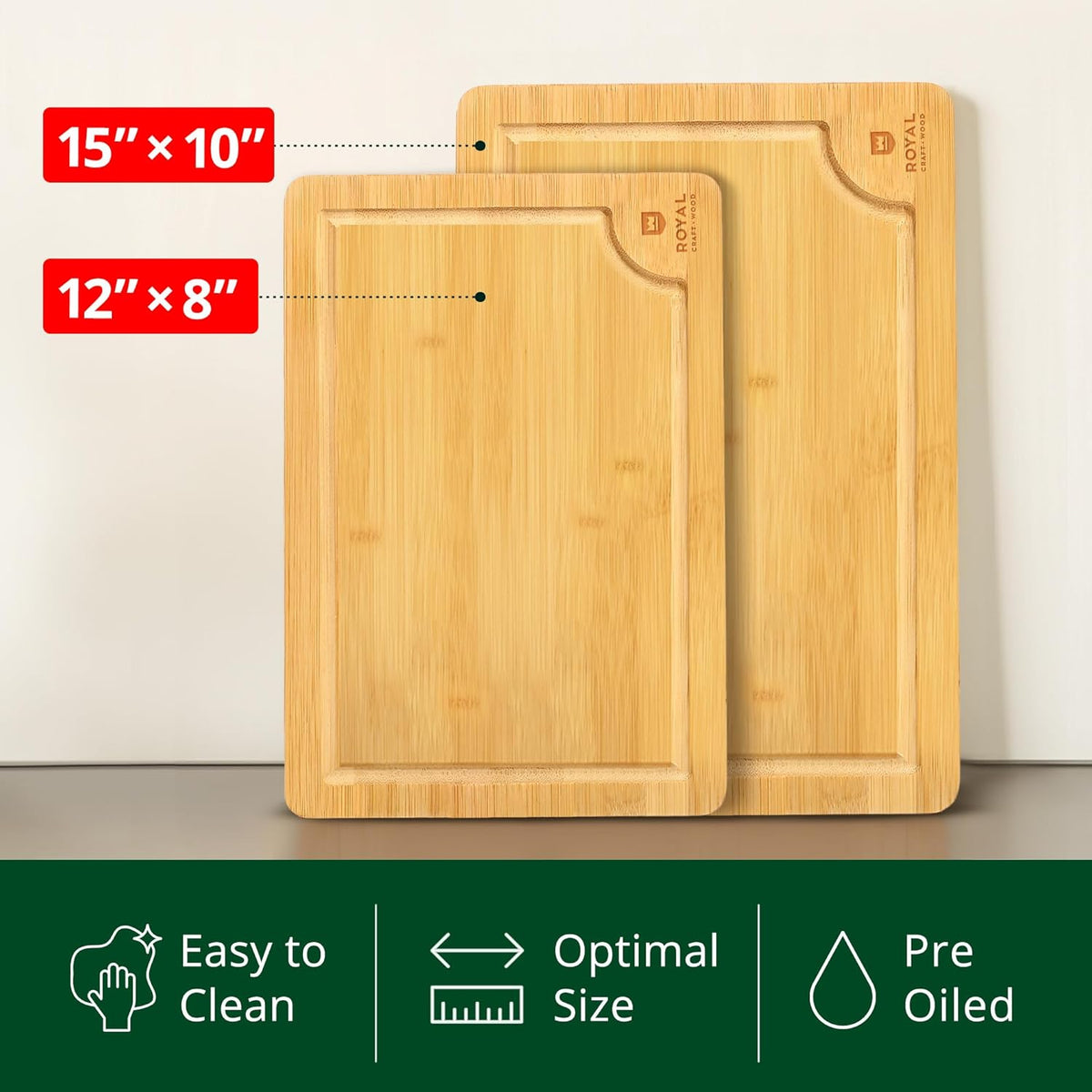 Chopping Board Set of 2 - Wooden Cutting Boards for Kitchen Meal Prep & Serving - Bamboo Wood