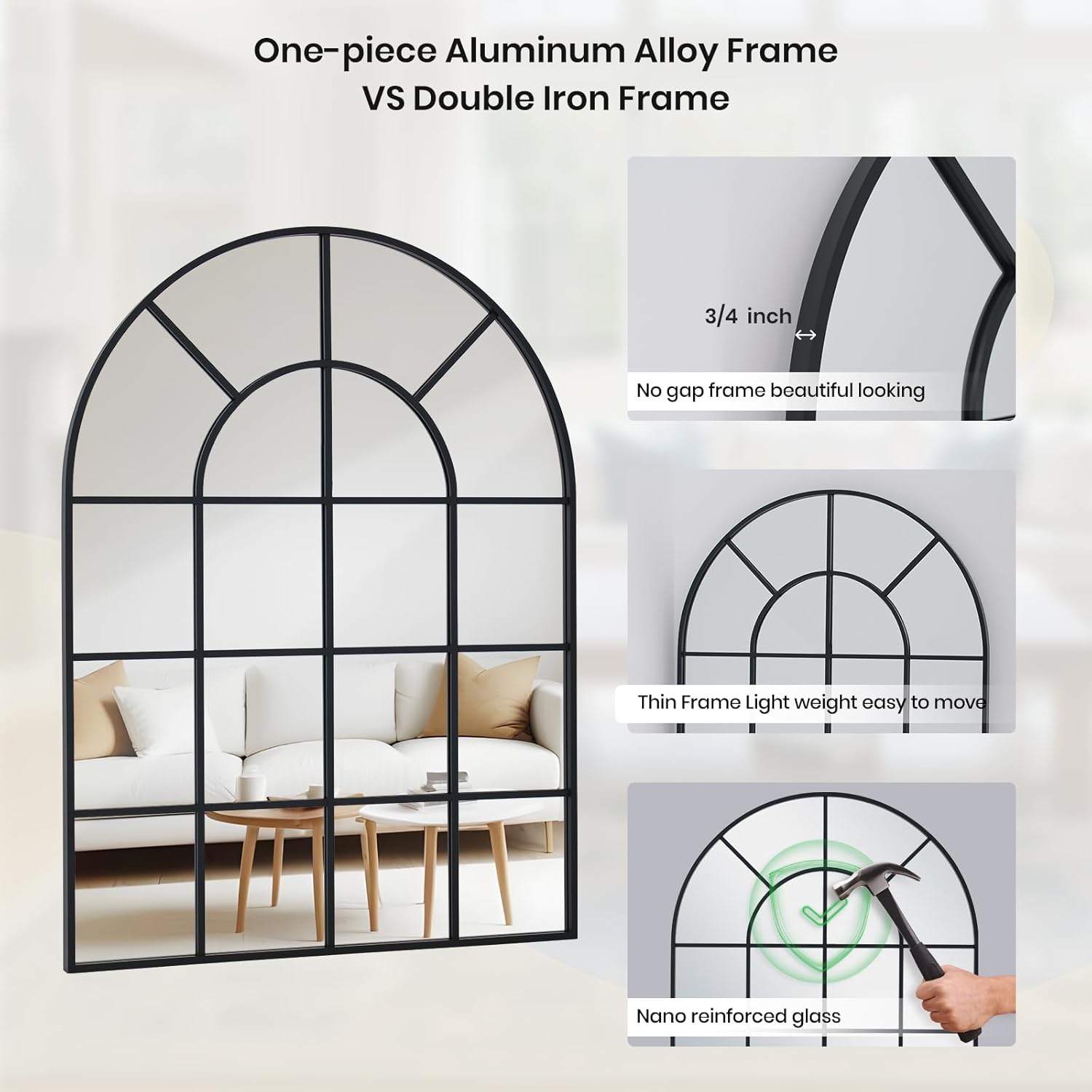 Arched Windowpane Wall Mirror 30"x48" Black Wall Mounted Art Pane Mirror Farmhouse Decorative