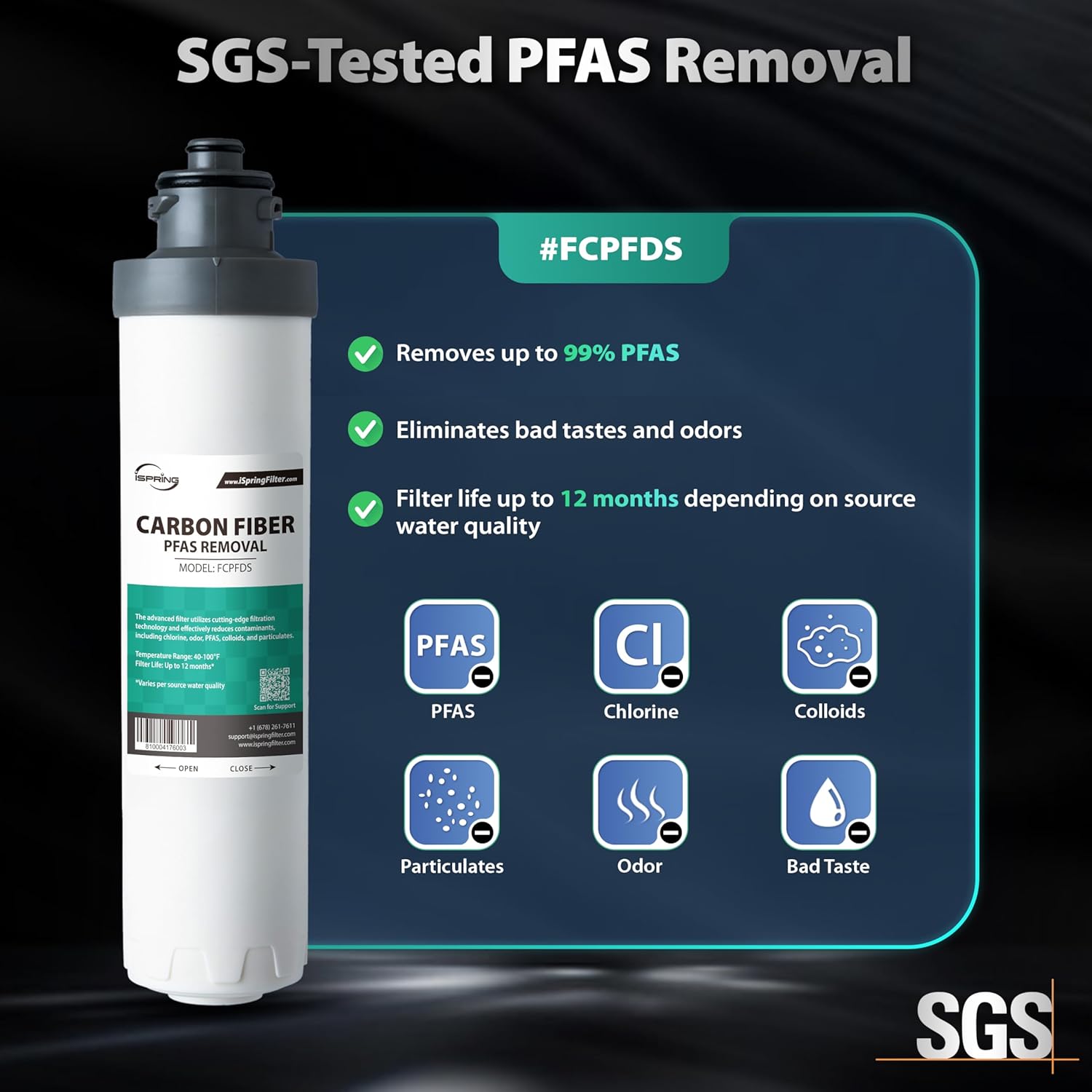 iSpring SGS-Tested PFAS Removal Carbon Block Replacement Water Filter Cartridge FCPFDS for DS4