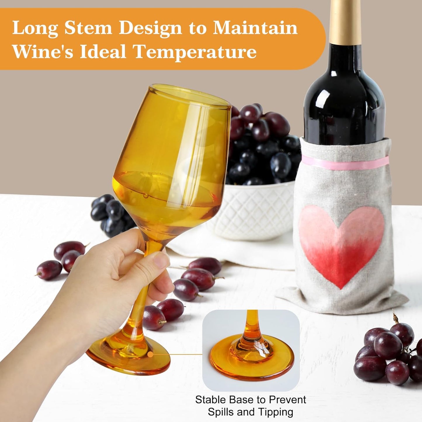 Amber Wine Glasses Set of 6-14oz Long Stem Wine Glass, Pretty Crystal Glassware, Hand Blown Goblets