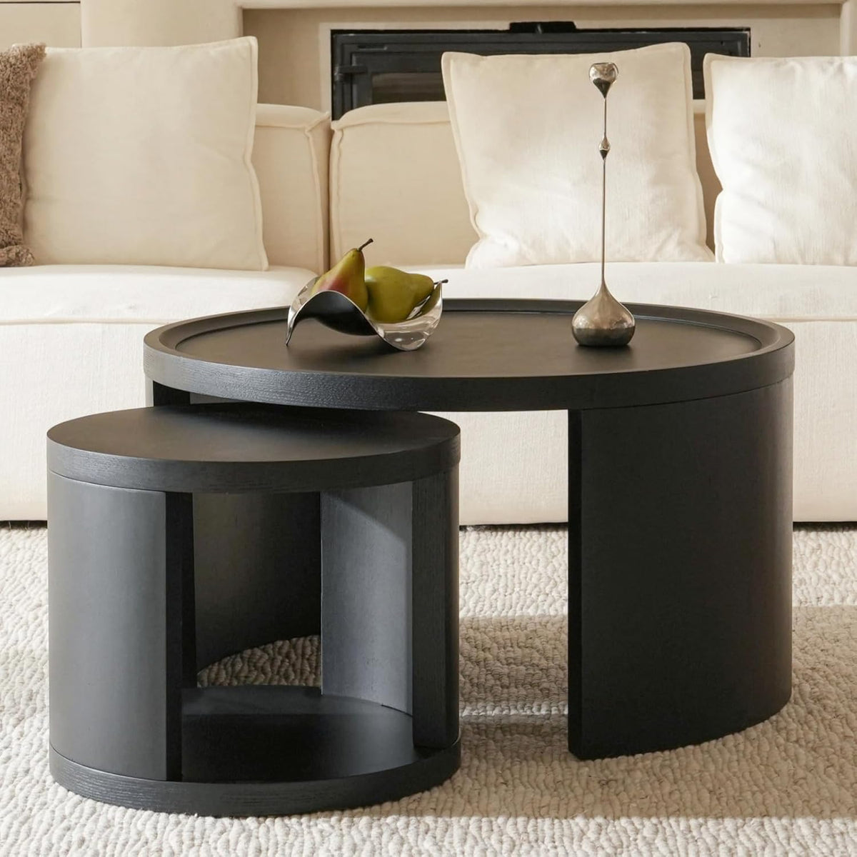Round Nesting Coffee Table Set of 2,31.5" Large & 18" Small Low Tables with Wood Look