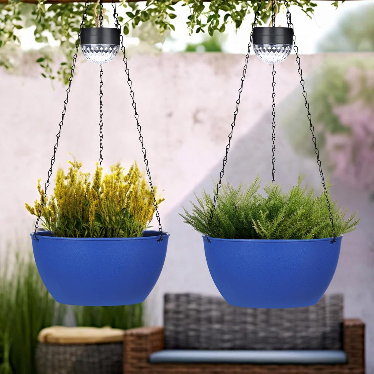 2 Packs Hanging Planters Basket for Outdoor Plants, Solar Powered Self Watering Blue Round Plastic