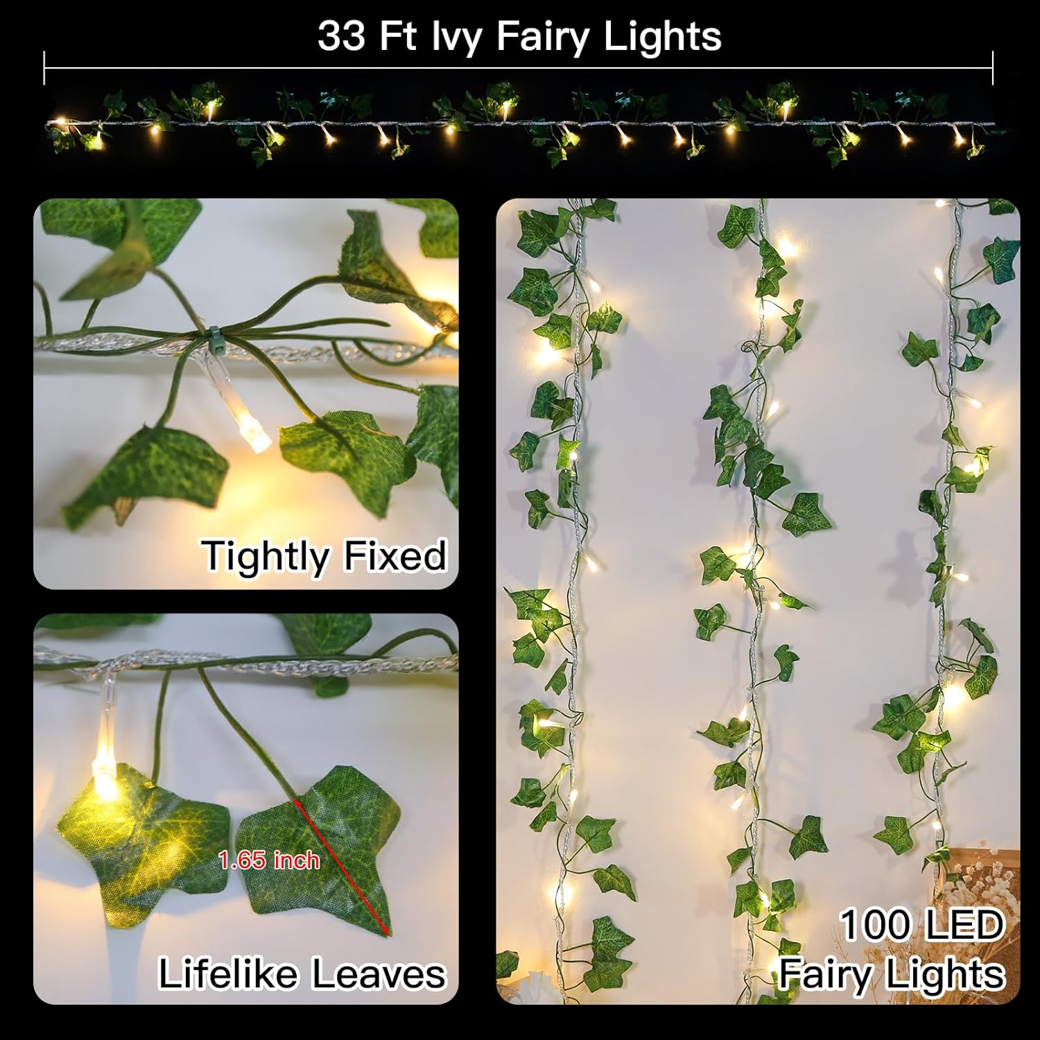 suddus Vine with Fairy Lights Plug in, 33ft 100 LED Ivy String Lights Connectable with Remote, Leaf