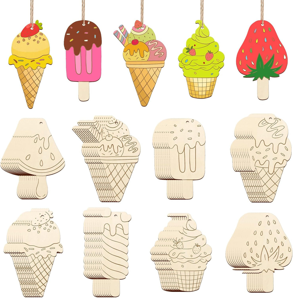 80PCS Wooden Ice Cream Cutouts Ornaments to Paint,Summer Decorations 8 Styles DIY Blank Unfinished