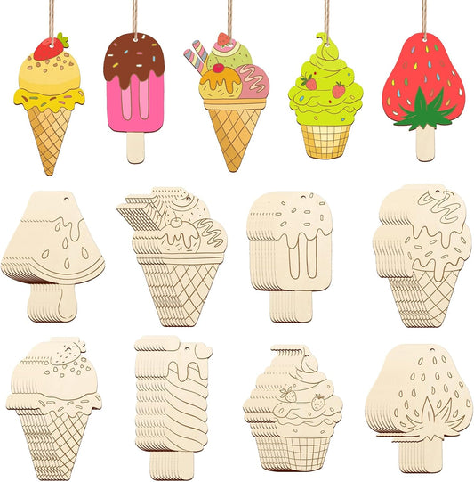 80PCS Wooden Ice Cream Cutouts Ornaments to Paint,Summer Decorations 8 Styles DIY Blank Unfinished