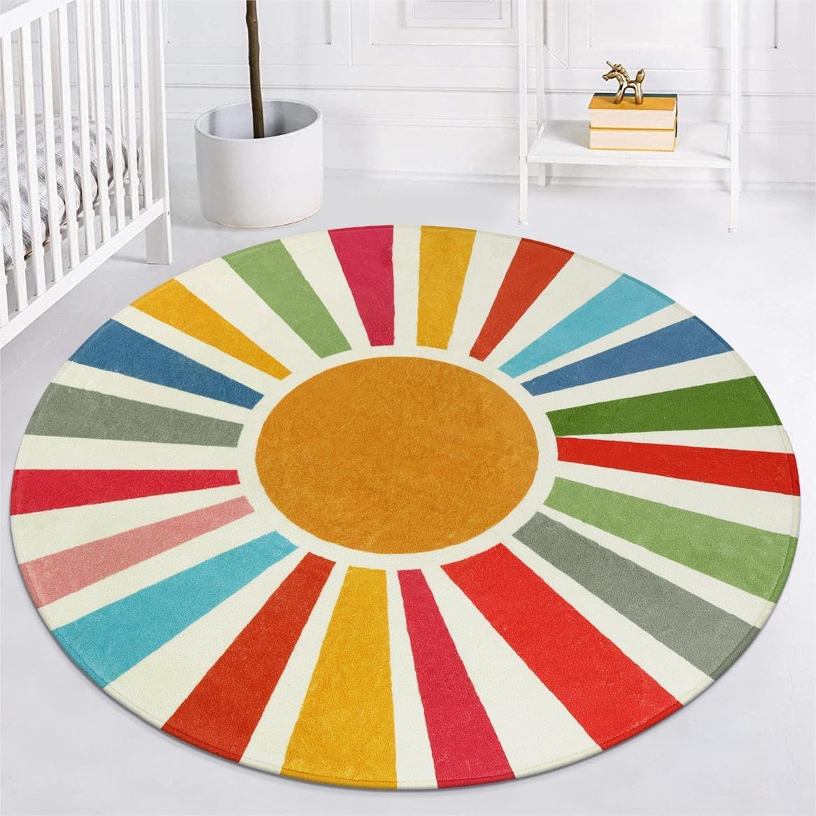 STARUIA Boho Washable Rug 5 Ft Round Area Rug for Bedroom, Rainbow Circle Kids Rugs for Office