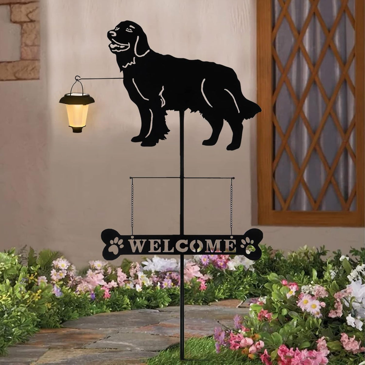 BAYN Solar Golden Retriever Garden Stakes Decorative with a Lantern Dog Silhouette Welcome Sign