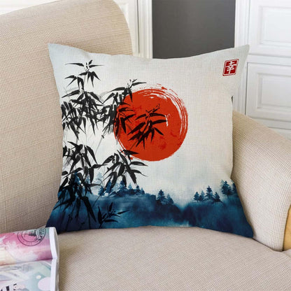 TSSOHU Throw Pillow Cover Japanese Bamboo Pillow case Asian Ink Painting Black Tree Stems Red Sun