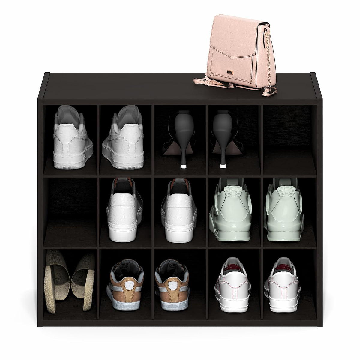 Furinno FANO 15-Cube Shoe Rack, Stackable Shoe Organizer, Dark Oak