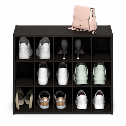 Furinno FANO 15-Cube Shoe Rack, Stackable Shoe Organizer, Dark Oak