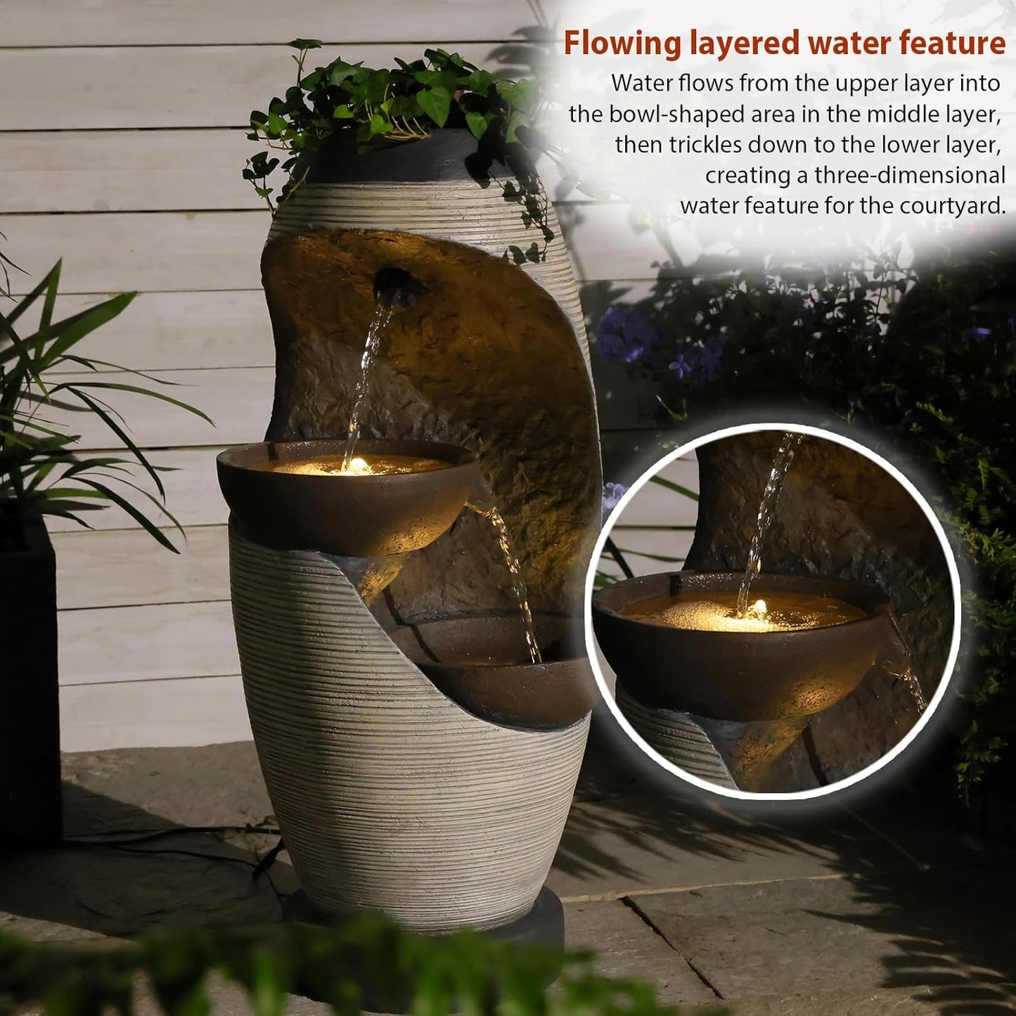 27.95''H Outdoor Garden Water Fountain, 2-Tier Bowl Shaped Floor - Standing Waterfall Fountain