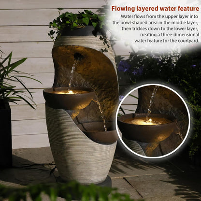27.95''H Outdoor Garden Water Fountain, 2-Tier Bowl Shaped Floor - Standing Waterfall Fountain