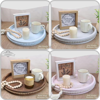 Round Burnt Wood Serving Tray with Beads, Wooden Decorative Tray for Entertaining, Decoration, and