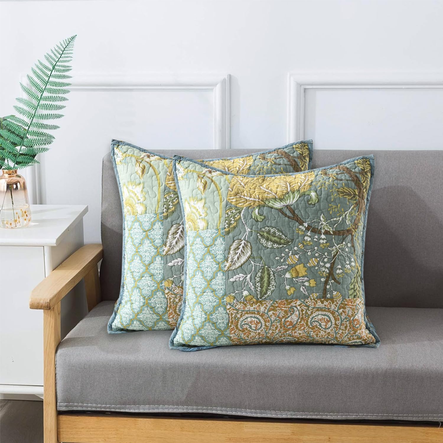 NEWLAKE Bohemian Floral Style Cotton Throw Pillow Covers with Real Stitched Embroidery (2 Pieces