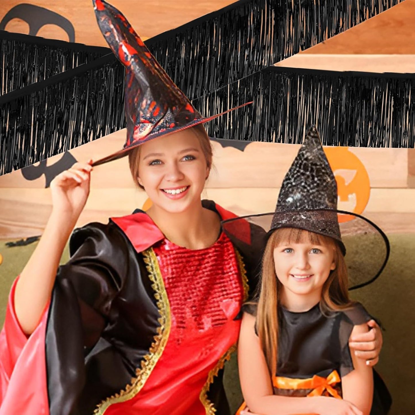 Black Foil Fringe Garland 10FT 2packs, Metallic Foil Tinsel Fringe Banners for Parade Float