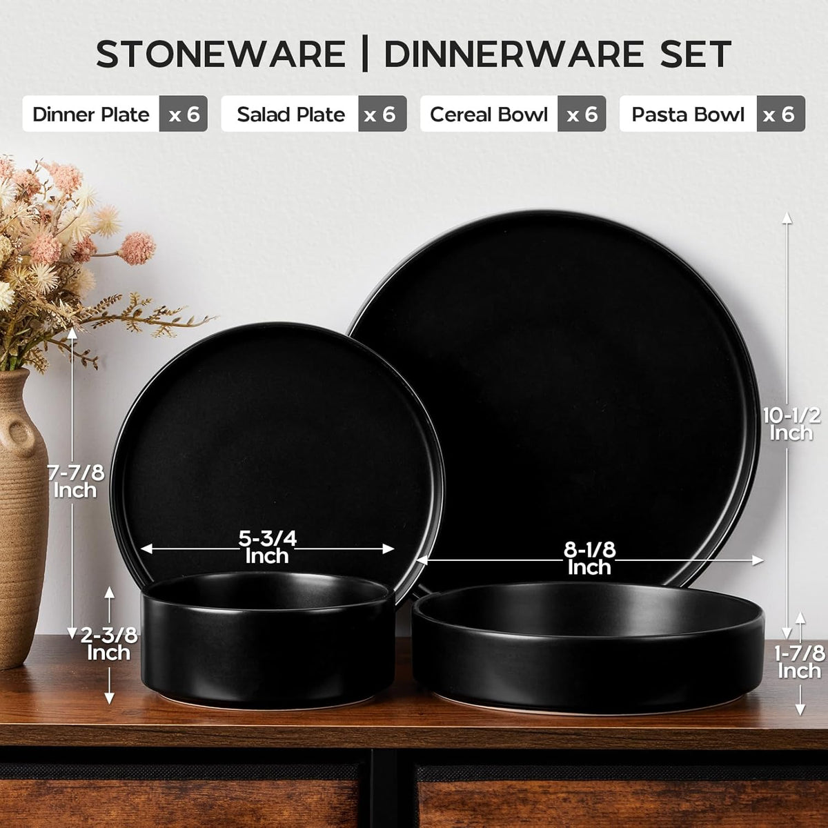 Onader 24 Piece Stoneware Dinnerware Sets with Pasta Bowls, Kitchen Dinner Dishes Set for 6, Plates