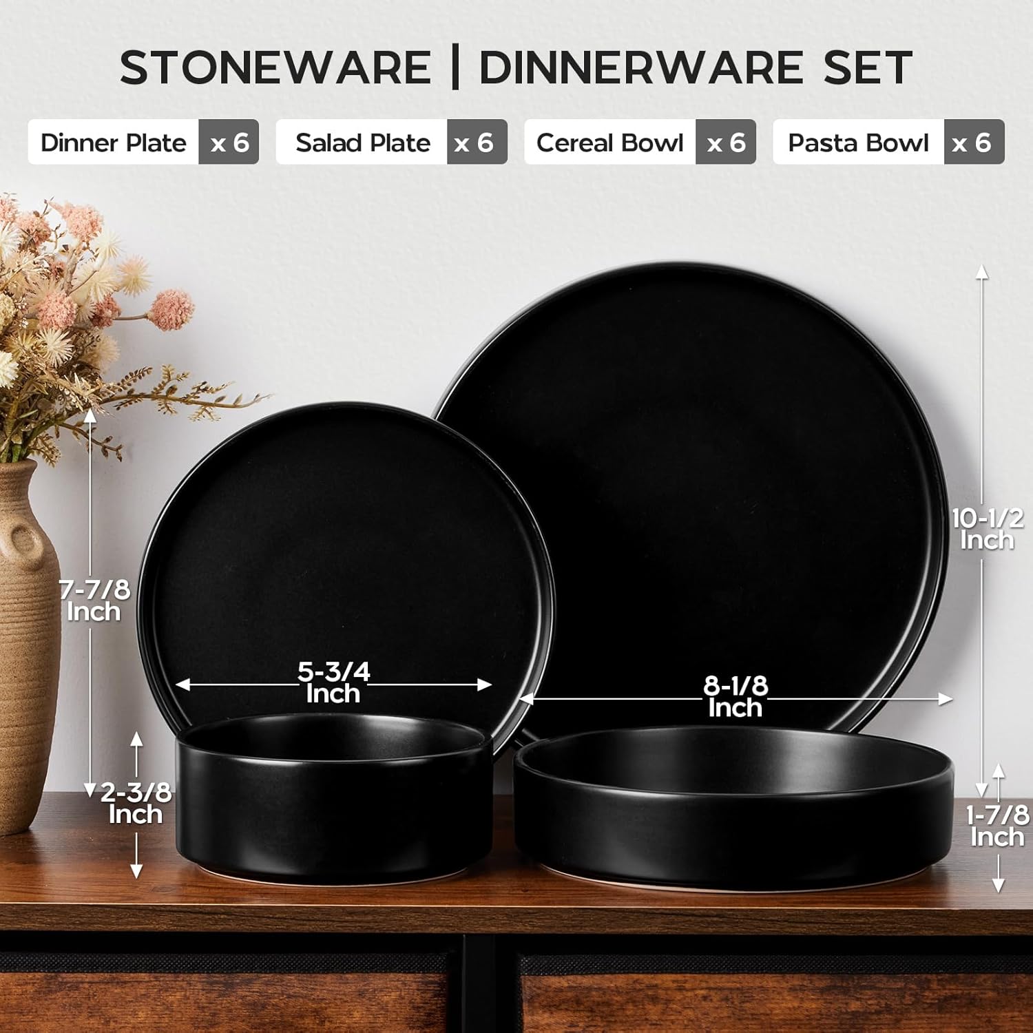 Onader 24 Piece Stoneware Dinnerware Sets with Pasta Bowls, Kitchen Dinner Dishes Set for 6, Plates