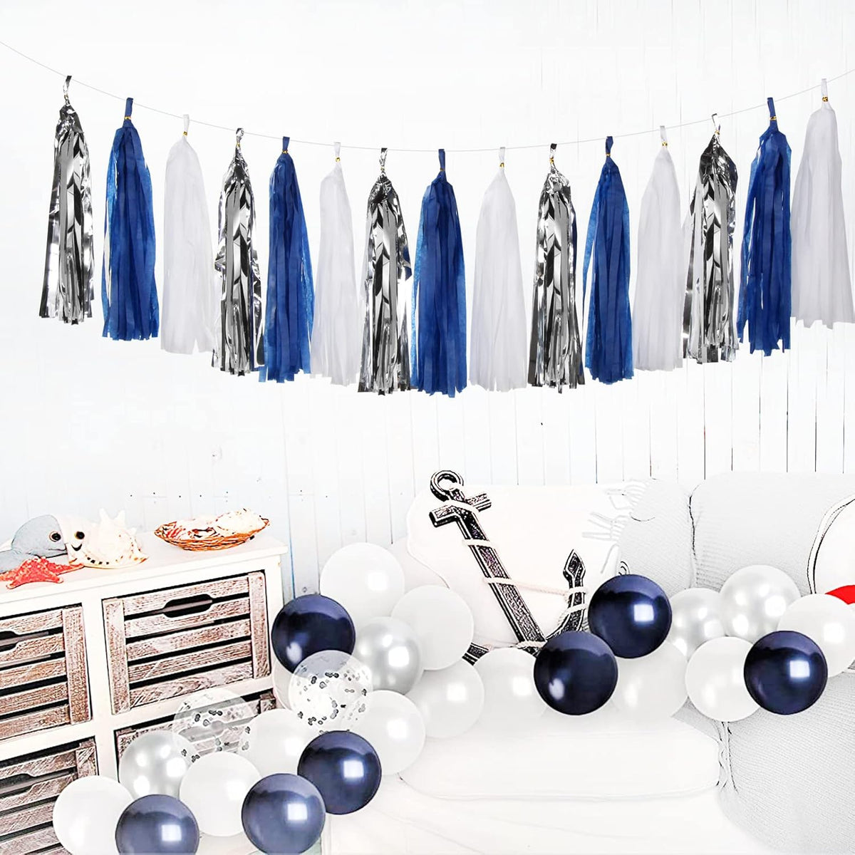 Navy-Blue White-Silver Tassel Garland Streamers - 15pcs Party Decorations Tissue Paper Tassels