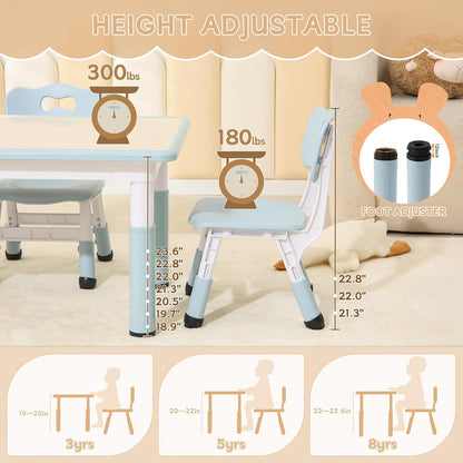 Height-Adjustable Kids Table and Chairs, 31.5''L x 23.6''W Toddler Table and 4 Chairs Set with