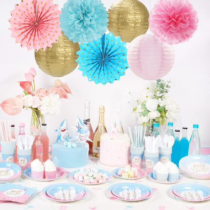 Pink Blue-Gold Party-Decorations Streamers Lanterns - 14pcs Gender Reveal Boy or Girl Birthday