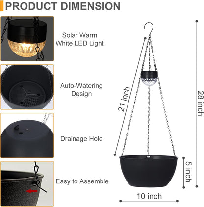 2 Packs Hanging Planters Basket for Outdoor Plants, Solar Powered Self Watering Black Round Plastic