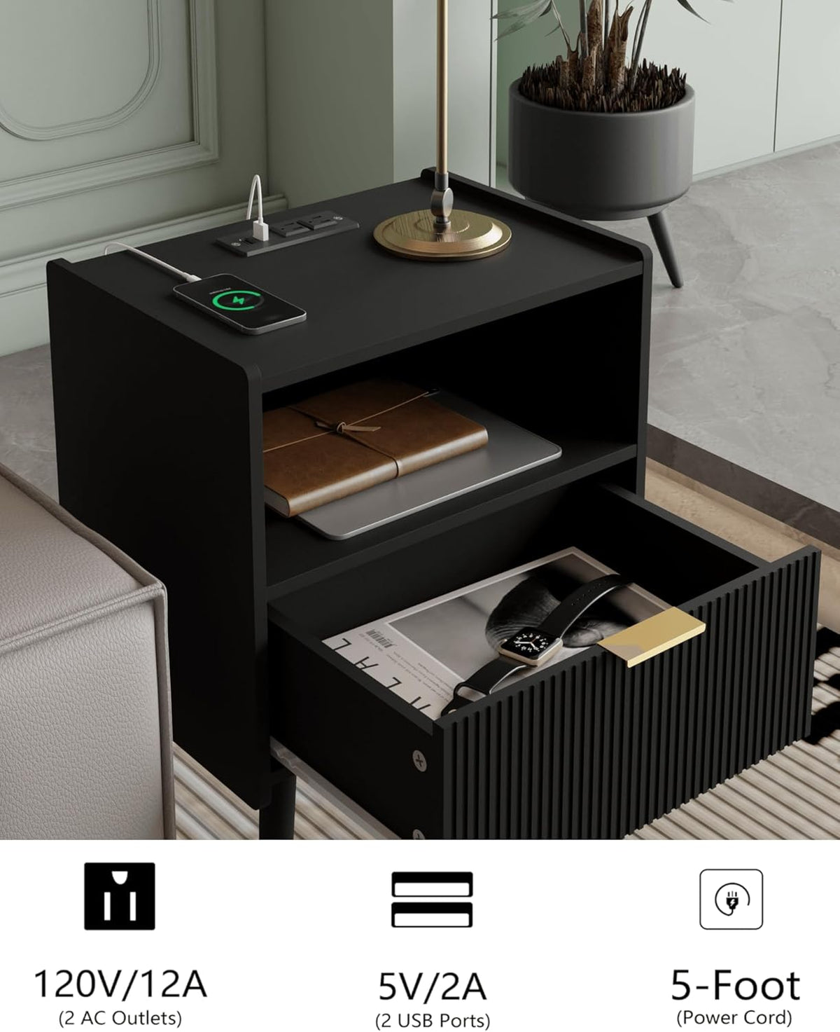 Nightstand,Modern Bedside Table with Storage Drawer and Open Wood Shelf, Accent Night Stand with