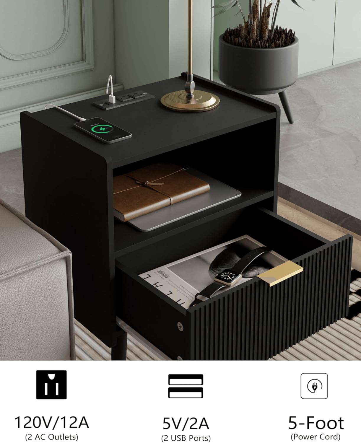 Nightstand,Modern Bedside Table with Storage Drawer and Open Wood Shelf, Accent Night Stand with