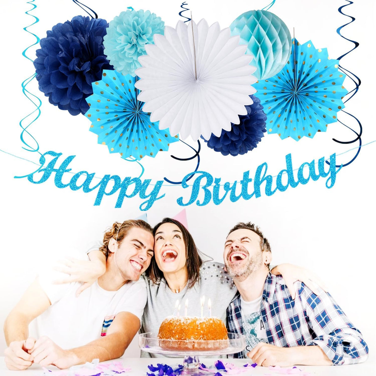 Light-Royal Blue White Birthday Party-decorations - 21pcs Boys Men Ocean Happy Banner,Navy Dusty