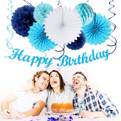 Light-Royal Blue White Birthday Party-decorations - 21pcs Boys Men Ocean Happy Banner,Navy Dusty