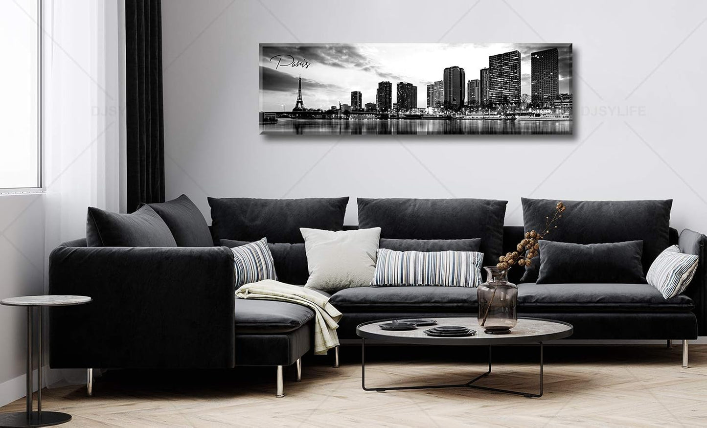 DJSYLIFE Paris Eiffel Tower Skyline Wall Art Black and White Modern City Night View Panoramic