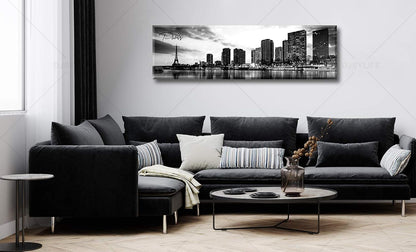 DJSYLIFE Paris Eiffel Tower Skyline Wall Art Black and White Modern City Night View Panoramic