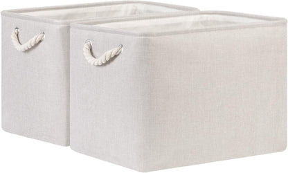 Bidtakay Large Fabric Storage Bins Beige Linen Closet Organizers Set of 2 Baskets for Shelves