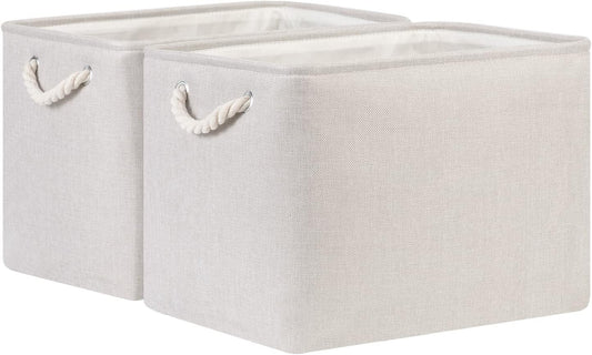 Bidtakay Large Fabric Storage Bins Beige Linen Closet Organizers Set of 2 Baskets for Shelves