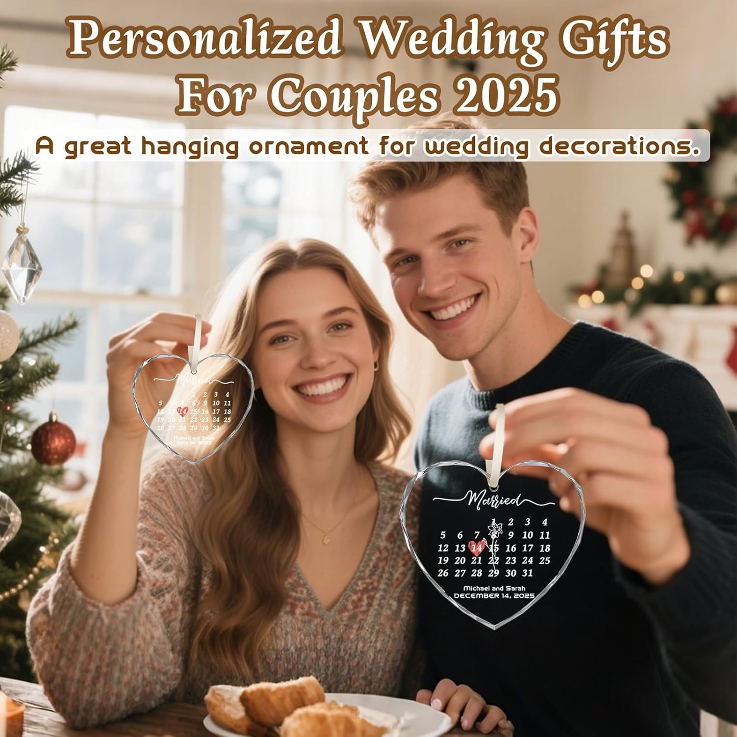 First Christmas Married Ornament 2025, Custom Wedding Crystal Glass Ornament with Photo, Name or