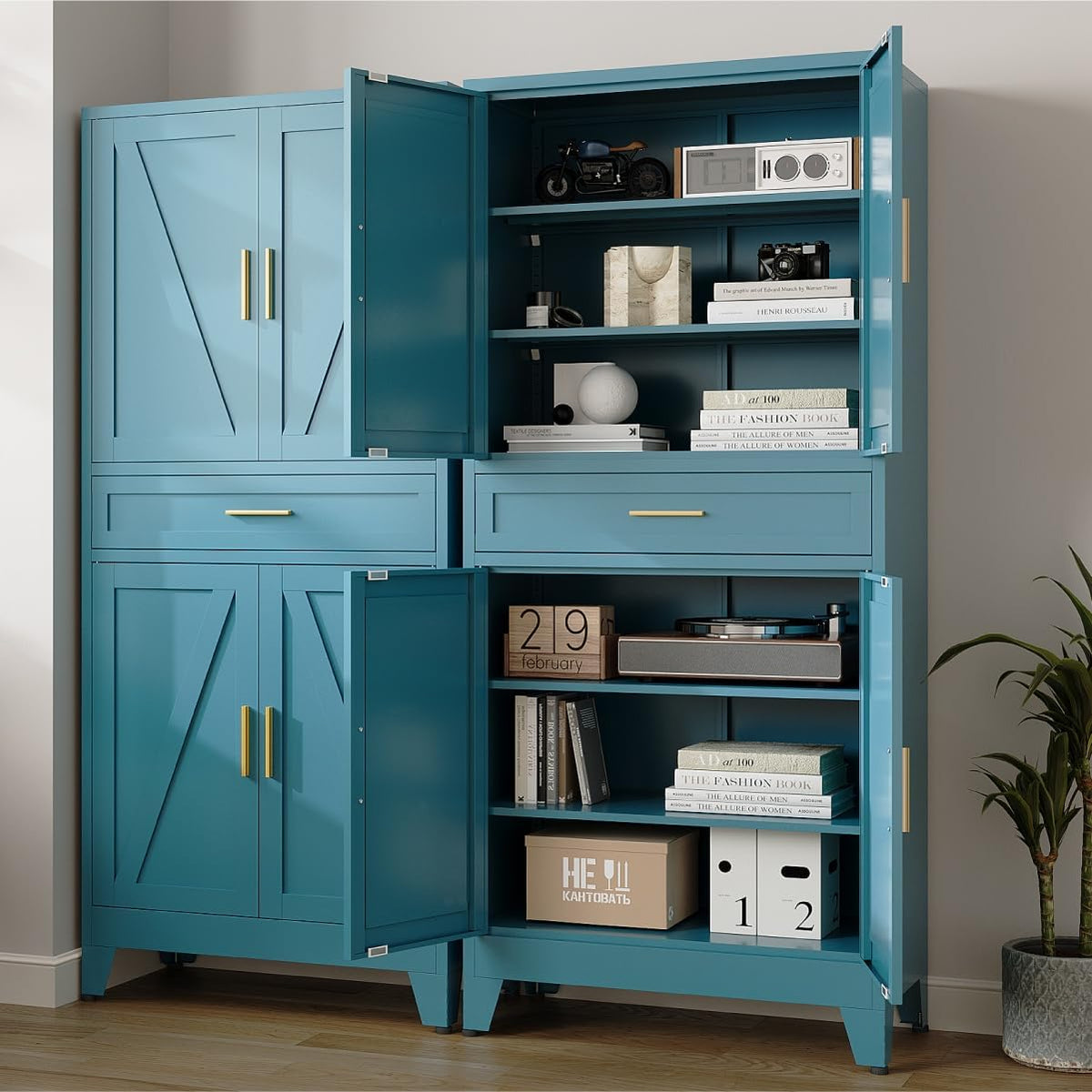 71 "Farmhouse Metal Filing Cabinet with a Drawer and 4 Adjustable Shelves, with 4 Large barn Door