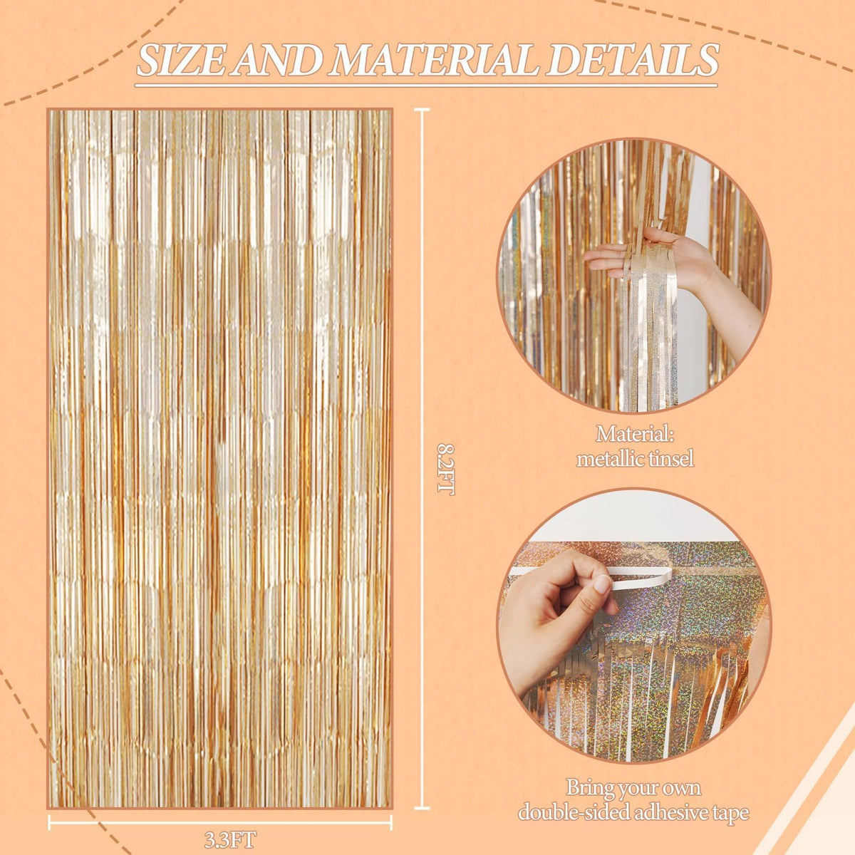3 Pack Foil Fringe Backdrop - Laser Champagne Shiny Tinsel Curtains for Party Decoration/Photo