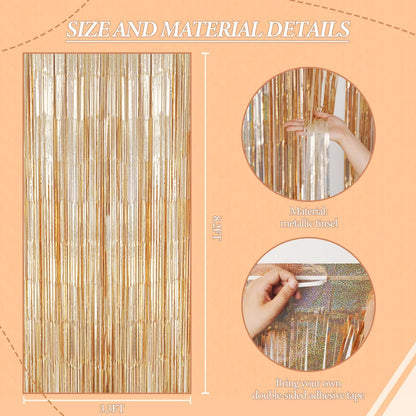 3 Pack Foil Fringe Backdrop - Laser Champagne Shiny Tinsel Curtains for Party Decoration/Photo