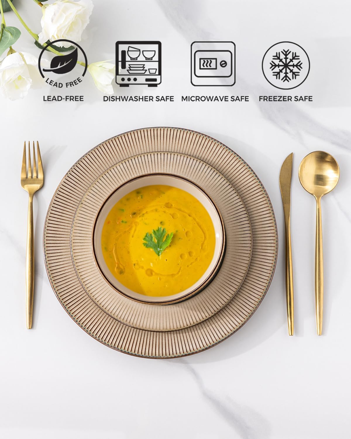 GBHOME Ceramic Dinnerware Sets, 18 Piece Embossed Elegant Stoneware Plates and Bowls Sets