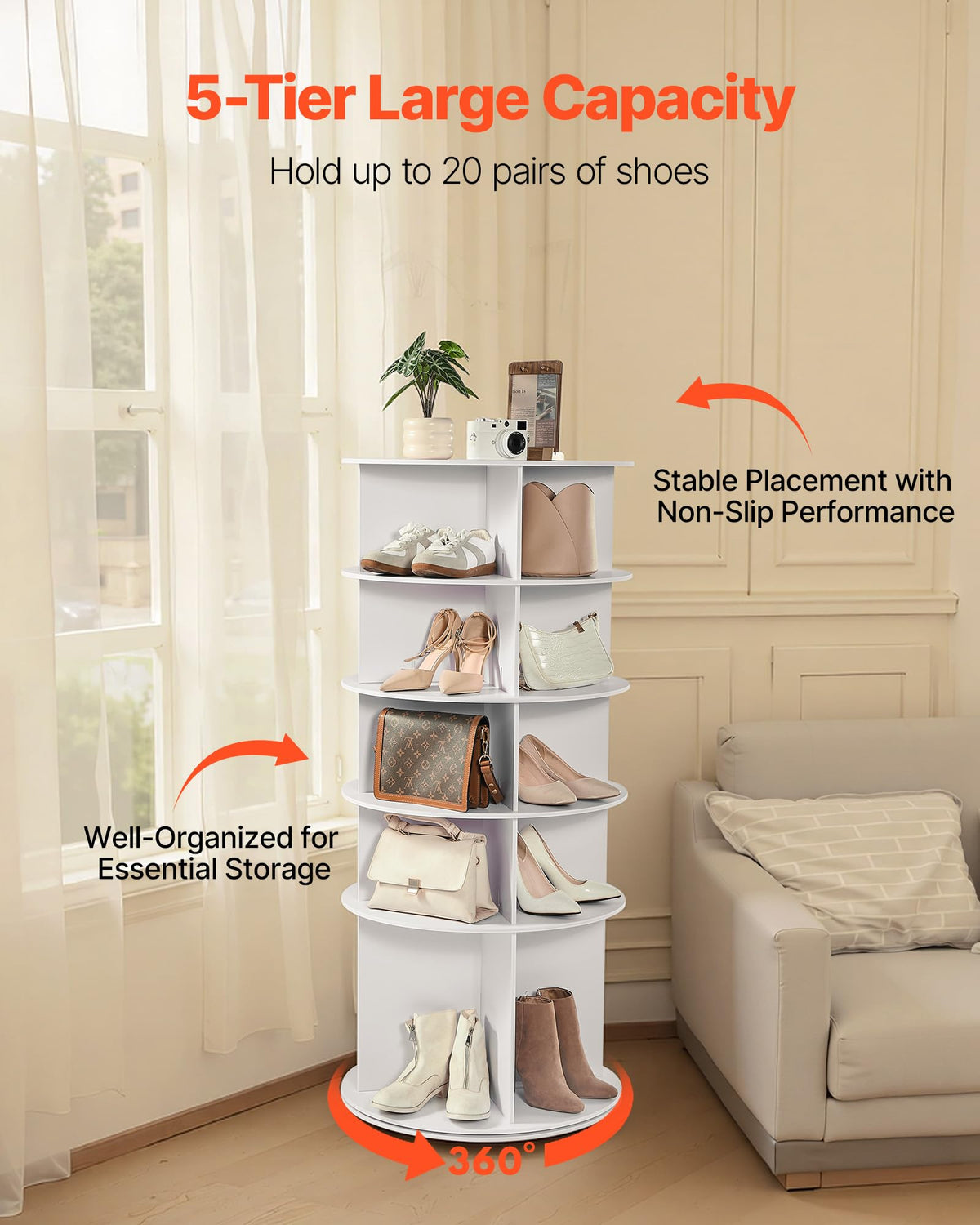 VEVOR 5 Tiers Rotating Shoe Rack Tower, 360° Spinning Shoe Rack, Revolving Storage Round Carousel