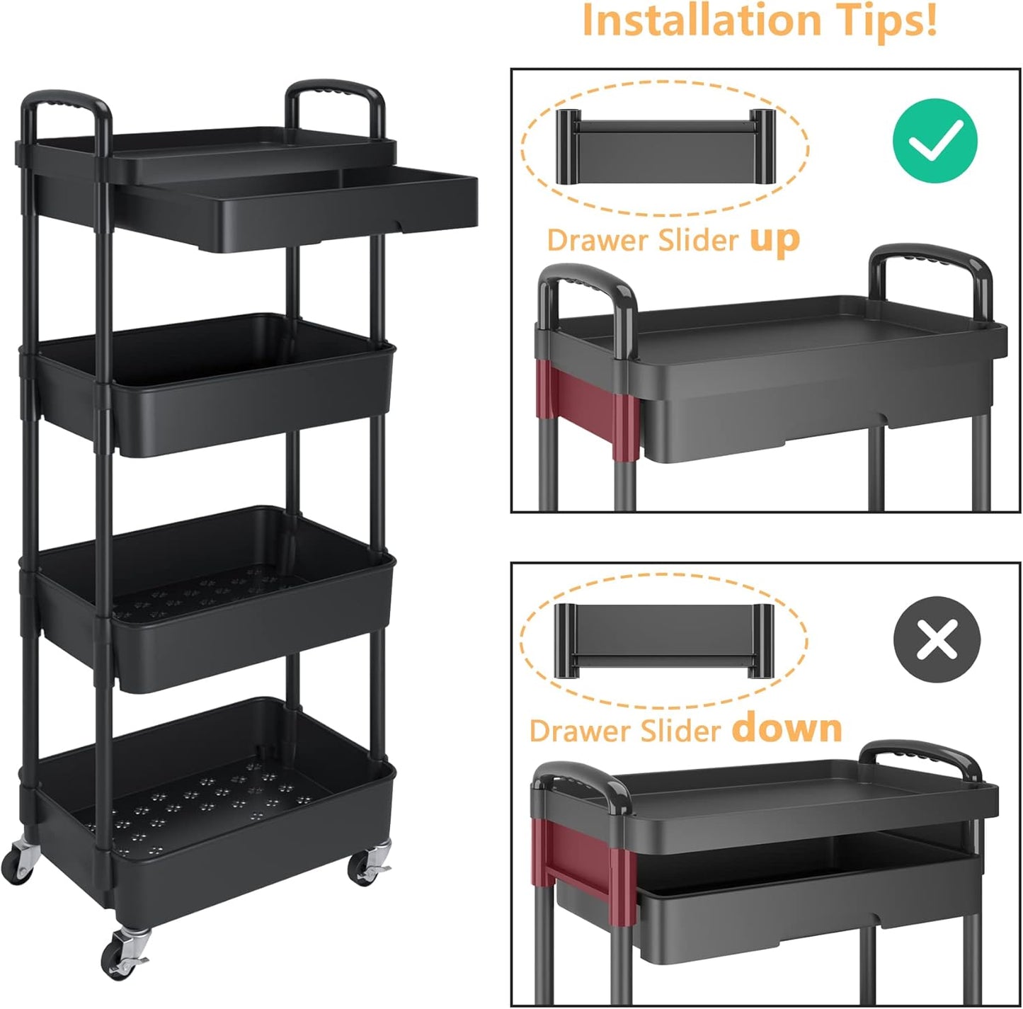 Calmootey 4-Tier Rolling Utility Cart with Drawer,Multifunctional Storage Organizer with Plastic