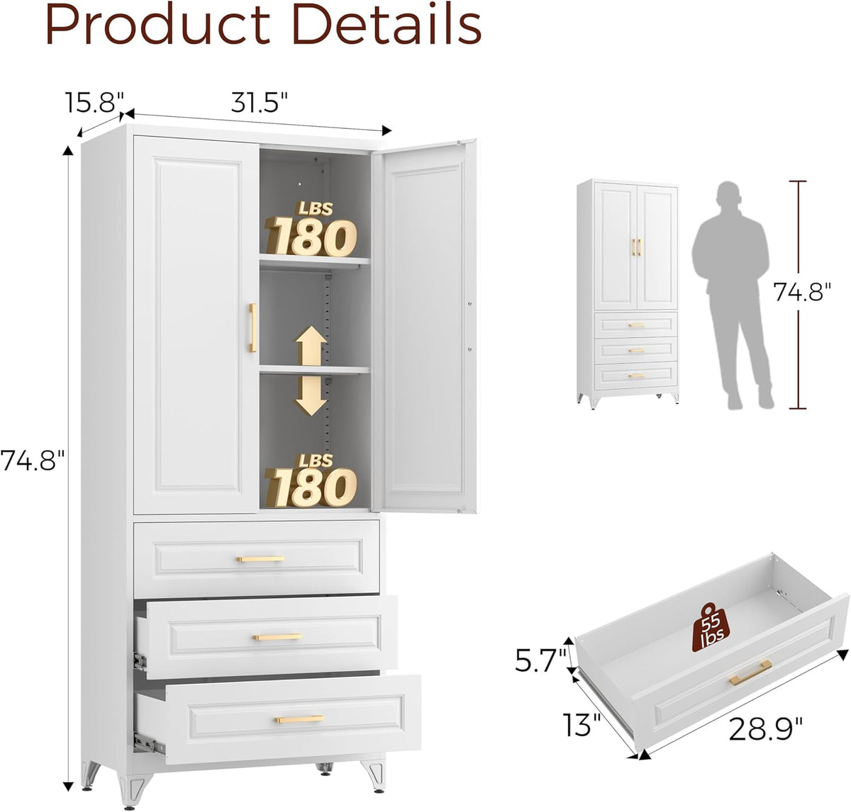 75" Kitchen Pantry Cabinet, Metal Storage Cabinets with Doors and Adjustable Shelves, White Tall