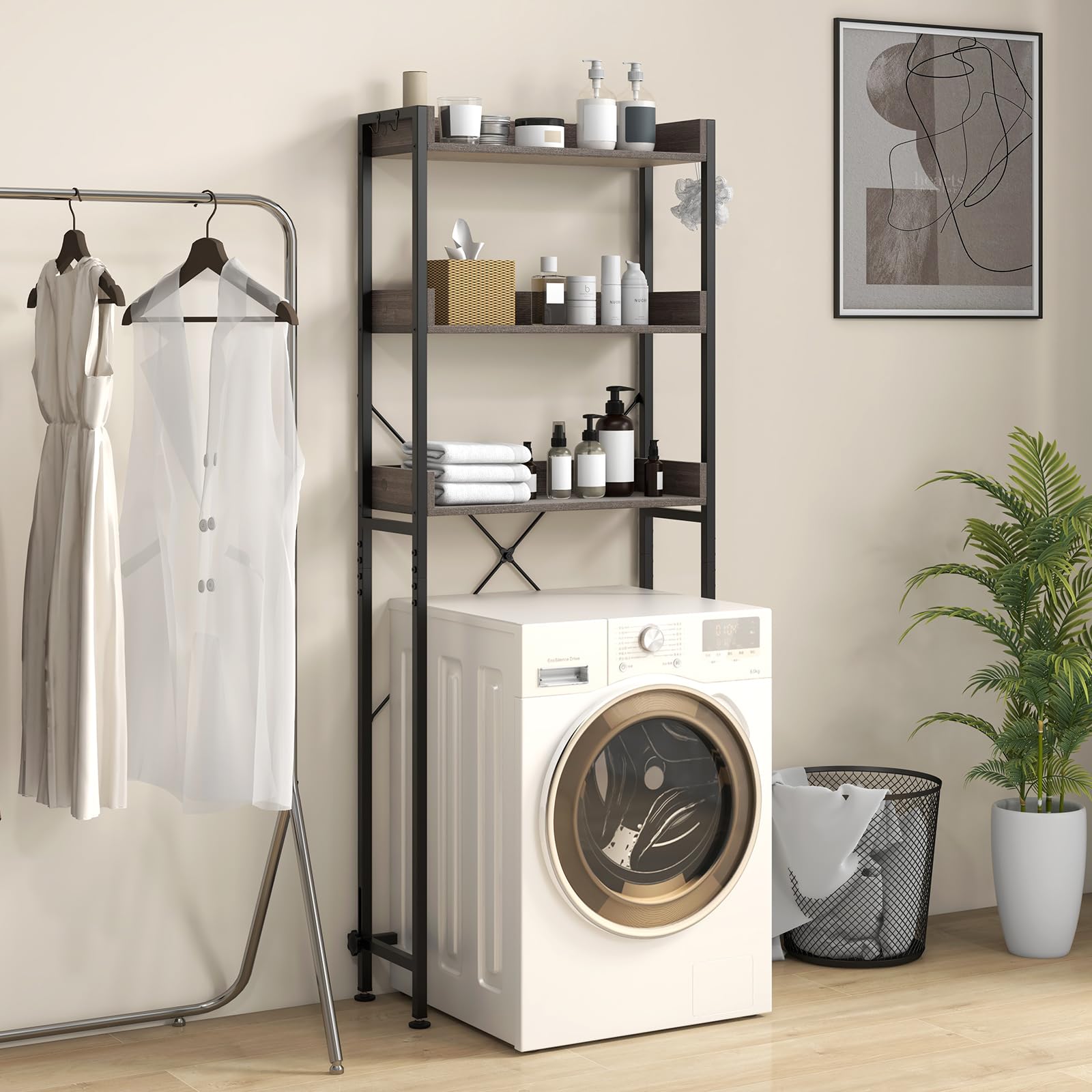 Giantex Over The Toilet Storage Shelf, 3-Tier Freestanding Space Saver Above Toilet with 4 Hooks