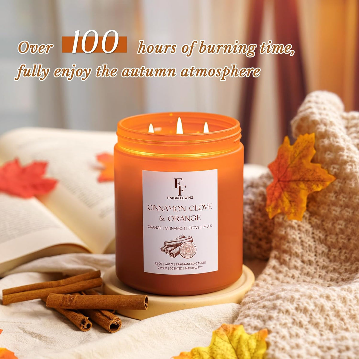 Large Fall Candle Cinnamon Clove Scented, 3-Wick 22oz Long Lasting Scented Candle, Natural Soy Wax