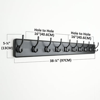 Dseap Wall Mounted Coat Rack: 38-1/4" Long, Patented, Heavy-Duty, 10-Double-Hooks Wooden Hanger