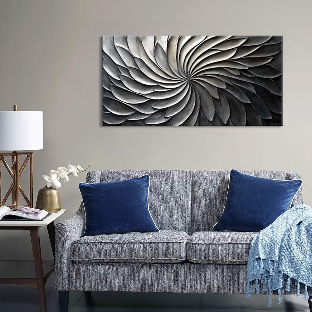 LASMOND Abstract Black and White Wall Art for Living Room Modern Canvas Print Painting Lines Flower