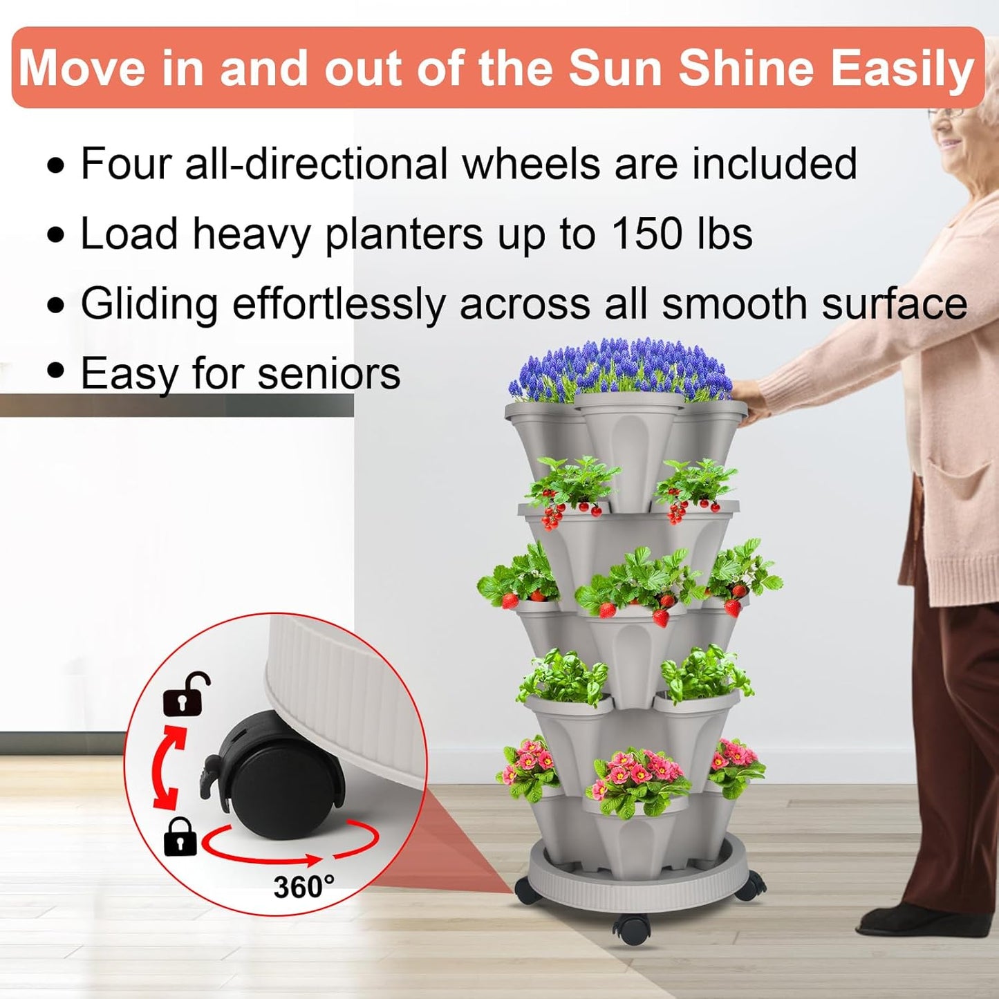 DUNCHATY Stackable Planter, Vertical Garden Planter with Wheels and Garden Tools, Strawberry